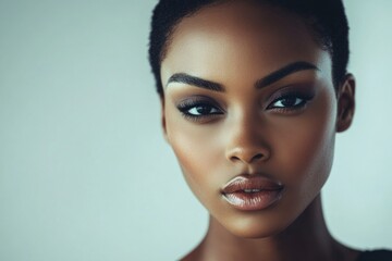 Attractive calm black girl - for ads, ad page and social platforms marketing use. Short trim - highlighted hair. Commercial commercial idea. Black woman advertising idea. Black woman in style.