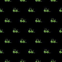 Green Forklift truck icon isolated seamless pattern on black background