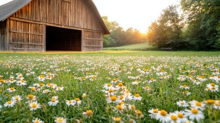 Obraz premium Serene Old Wooden Barn Nestled Amidst Vibrant Fields of Wildflowers at Sunset