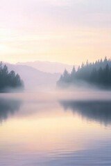 Fototapeta premium Serene sunrise over misty lake and forested mountains