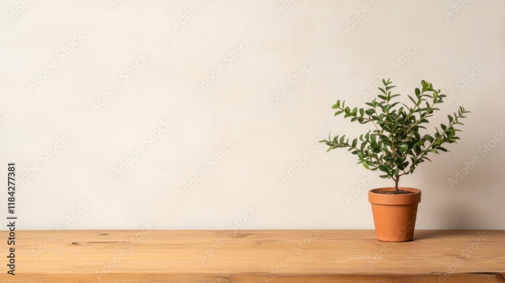 Wall mural Small potted plant on wooden table against white wall.