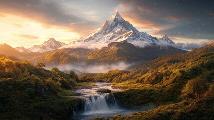 Towering Snow Capped Mountains in a Serene Landscape with a Flowing River Under a Beautiful Sunset Sky