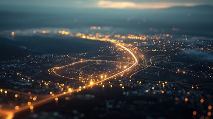 Night City Lights: Aerial View of Illuminated Roads and Urban Landscape