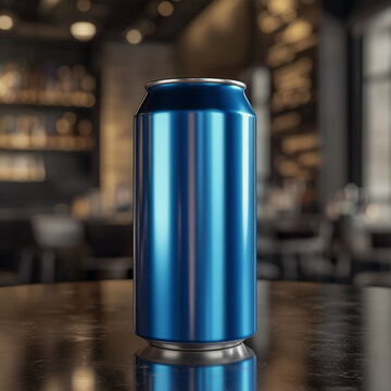 3D rendering of 330ml empty blue beer can mockup, on bar table, isolated on cafe background. ai generated images.