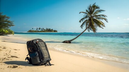 Backpack on Tropical Beach with Palm Tree and Clear Blue Ocean Island Adventure