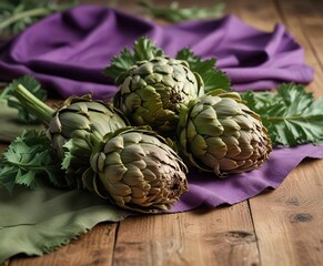 Obraz premium Artichoke on a rustic wooden tablecloth against a warm and inviting green and purple background, food, kitchen, purple