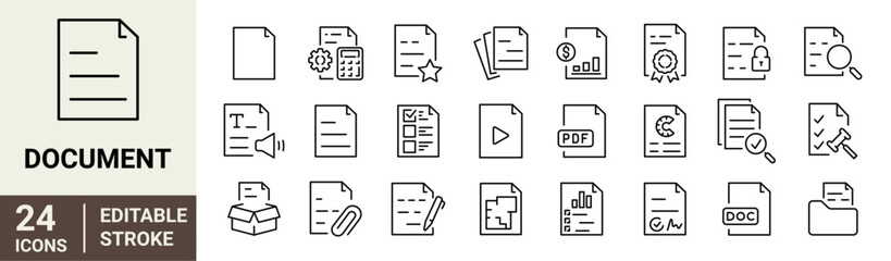 Document web line icons. Containing contract papers, folder, certificate, accept, approved, clipboard, invoice, archive. Editable stroke