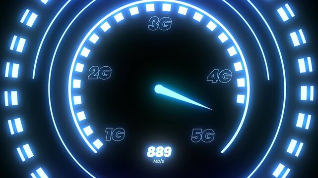 Futuristic glowing neon network speed meter showing 5G connection