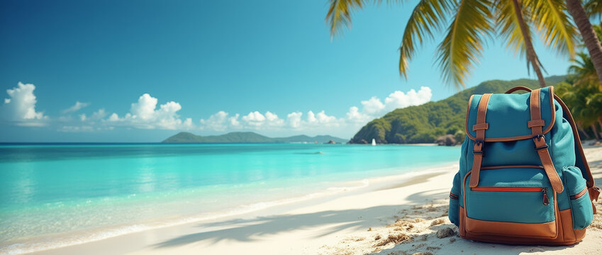 Backpack on Tropical Beach with Palm Tree and Clear Blue Ocean Island Adventure - Powered by Adobe