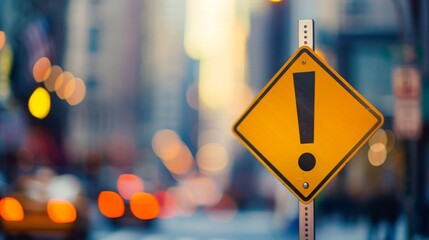 Fototapeta premium Urban Warning Sign with Yellow Triangle and Black Exclamation. Clear Traffic Symbol Against Blurred City Street Background.