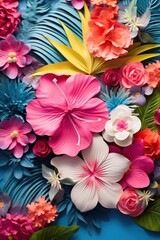 Vibrant tropical floral arrangement with colorful hibiscus and palm leaves