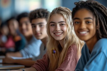Fototapeta premium Multiracial group of high school students learn together at school. Generative AI
