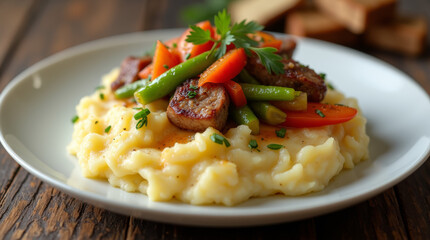 mashed potatoes with vegtables and meat
