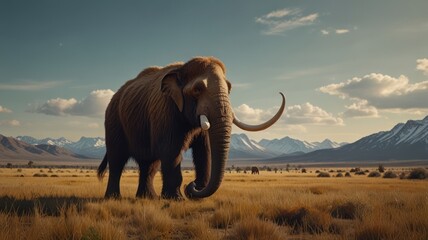Majestic woolly mammoth in a vast, golden grassland with a mountain backdrop.