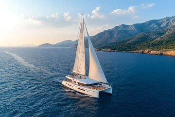 Luxury catamaran sailboat sailing in calm waters near mountains. stunning scenery and serene atmosphere create perfect escape for sailing enthusiasts