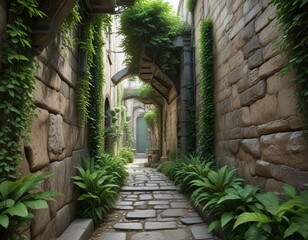 Narrow passageway between high walls and lush greenery , foliage, greenery, verdant