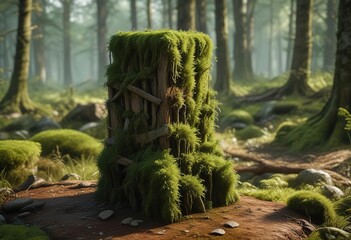 Moss-draped wooden pedestal in a forest clearing , wooden, leafy branches