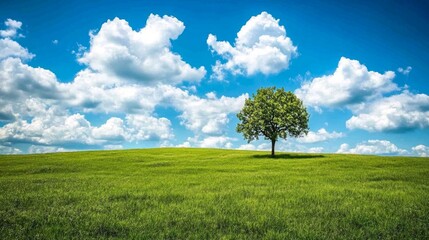 Vast Open Field with Isolated Tree Under Blue Sky. Low Angle View Showcasing Rolling Hills and Serene Atmosphere.