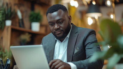 Obraz premium Focused Business Professional. An African businessman is working on a laptop, demonstrating focus and professionalism.
