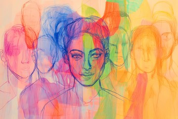Vibrant Abstract People Drawing with Focal Face in Colorful Lines. Soft Pastel Background Suggests Unity.