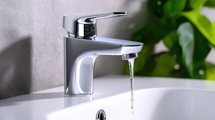 Sparkle and hygiene in bathroom concept. Modern faucet with running water in a serene bathroom setting