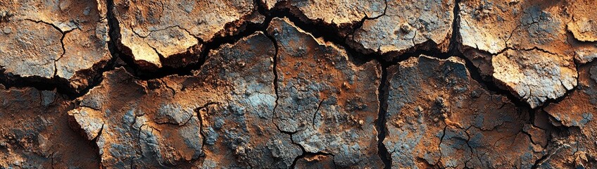Fototapeta premium Cracked Earth: A dry, cracked desert floor with deep crevices spreading like spiderwebs across the dusty ground
