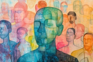 Fototapeta premium Vibrant Abstract People Drawing with Focal Face in Colorful Lines. Soft Pastel Background Suggests Unity.