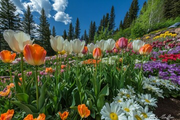 Vibrant Tulips Amidst Roses Daisies in Sunny Spring Garden. Bright Petals Texture Highlighted by Sunlight, Wide View of Colorful Blooms.