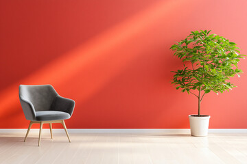 modern room featuring stylish gray chair and vibrant red wall, complemented by lush green plant in white pot. design exudes fresh and inviting atmosphere