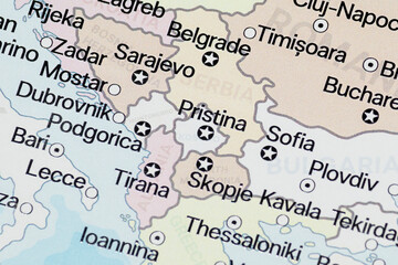 Close up to a Kosovo political map with most important cities and country frontiers