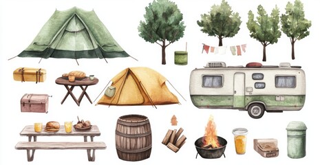 Watercolor Camping Clip Art Set. Tents, Campers, Fire Pits, Picnic Tables, Wooden Barrel, Military Tent, Trailer with Trees on White Background.