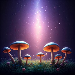 Magical fantasy background with glowing mushrooms, sparkling stars, and an ethereal purple glow.