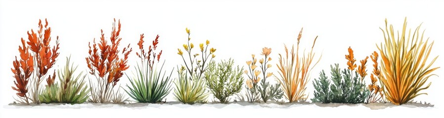 Cartoon-Style Watercolor Plants with 3D Effect. Vibrant Shrubs, Grasses in Ground with Text Space Above on White Background.