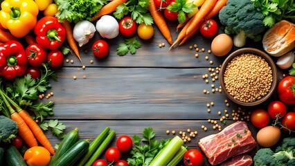 Background healthy food. Fresh vegetables, fruits, meat and fish on wooden table. Healthy food, diet and healthy eating concept. Top view, copy space