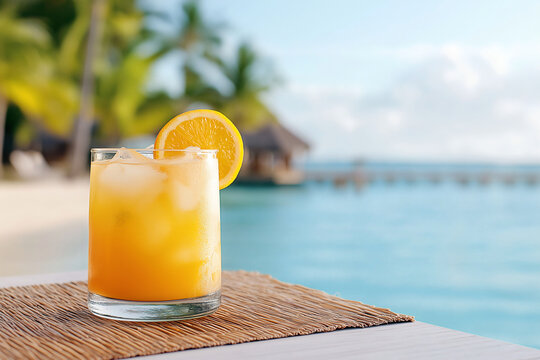 Refreshing tropical drink with ice and orange slice by beach, perfect for relaxation. Enjoy serene view of ocean and palm trees in background - Powered by Adobe