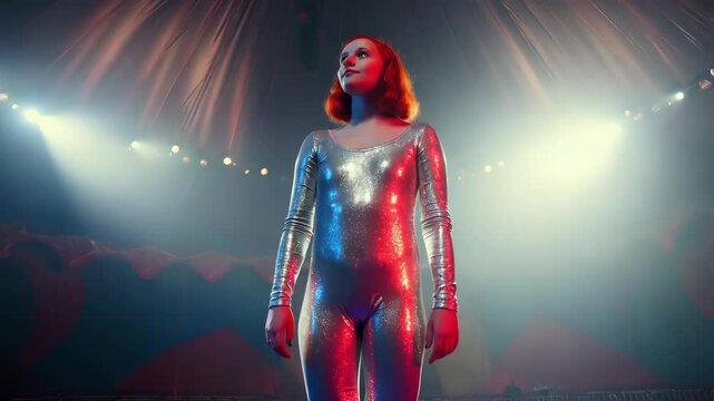 Performance by a solo artist in a dazzling costume under the big top during a night circus act