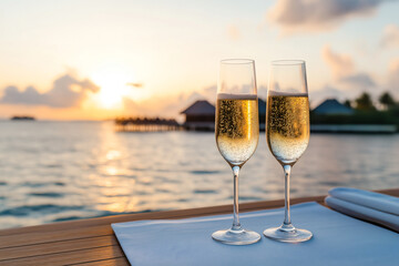 Two glasses of champagne on table by water at sunset, creating romantic atmosphere. sparkling bubbles and golden hues enhance serene setting
