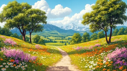 Naklejka premium A vibrant landscape featuring a flower-filled meadow, trees, and distant mountains under a blue sky.