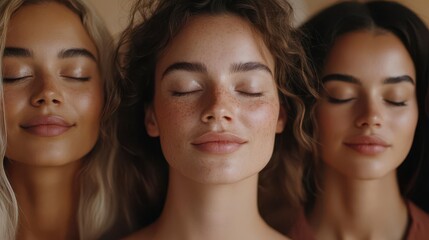 Fototapeta premium Three women, eyes closed, serene expressions, radiating beauty and tranquility.
