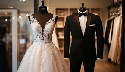 Elegant Wedding Dress and Tuxedo Display. Contrast of Light Lace and Dark Suit Jacket in Soft-Lit Boutique.