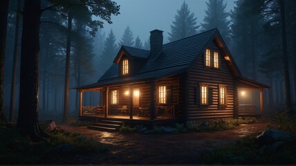 Enchanted Log Cabin: A Serene Night in the Woods
