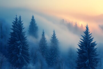 Majestic Winter Landscape at Dawn with Fog and Pine Trees