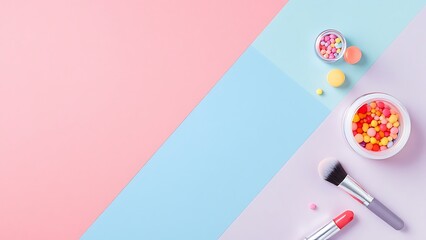 Fototapeta na wymiar Makeup products and decorative cosmetics on color background flat lay. Fashion and beauty blogging concept. Long web format for banner