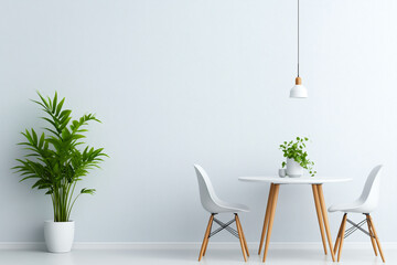 bright and airy dining room featuring white table, two chairs, and potted plant. minimalist design creates serene atmosphere, perfect for dining or relaxation