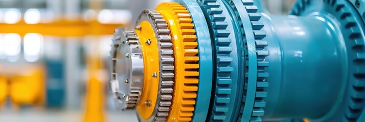Obraz premium Close-up of a colorful gear system highlighting intricate mechanical components in a modern industrial setting.