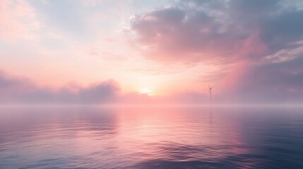 Fototapeta premium A serene sunset over calm waters, blending soft pinks and blues, with a misty atmosphere creating a tranquil and picturesque seascape.