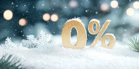 A festive scene featuring a golden "0%" symbol surrounded by snowflakes and greenery, suggesting a winter sale or promotion.