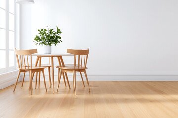 bright and minimalistic white dining room featuring wooden table and chairs, complemented by potted plant. natural light enhances serene atmosphere