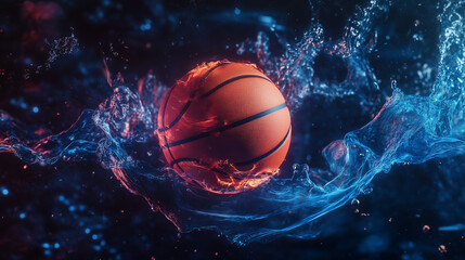 Fototapeta premium Dynamic fiery basketball amidst splashing water on dark background