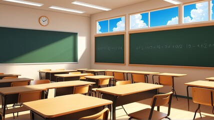 Sunlit Classroom: A Bright Anime-Style Schoolroom Scene